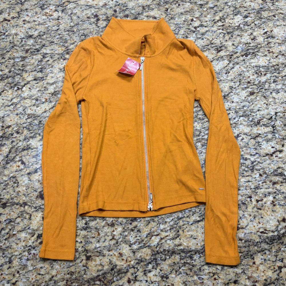 Guess Los Angeles Ribbed Zip Front Mock Neck Long Sleeve Top Orange Mustard M ws